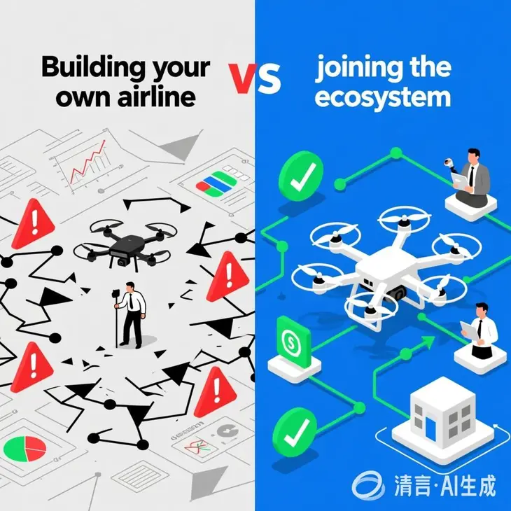 通过左右分屏的方式，直观对比了'自建机队'（左侧：孤立、复杂、警示）与'融入生态'（右侧：协同、高效、成功）两种截然不同的创业路径。