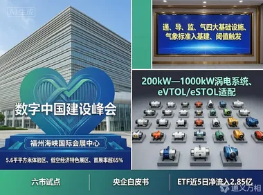 数字中国峰会设“低空经济”特色展区、中国航发为低空装上“中国心”、气象局把“低空气象”纳入新基建与标准体系
