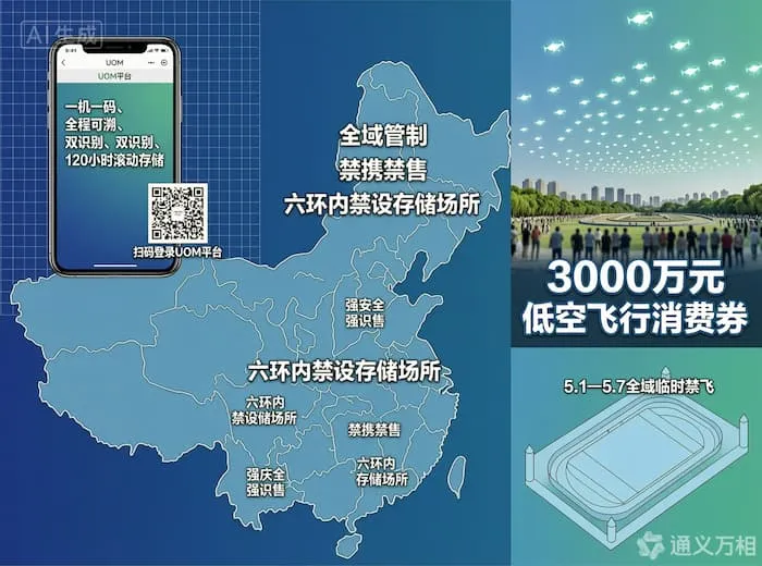 两项无人机强标全国生效、北京全域管制与禁携禁售、重庆低空消费周3000万元券启动、大理“三月街”全域临时禁飞
