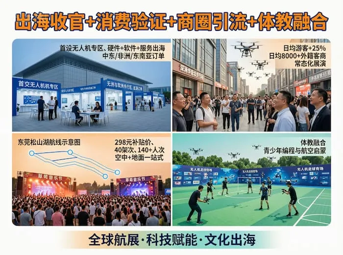第139届广交会低空出海收官、东莞松山湖“低空+音乐节”数据出炉、深圳华强北常态化低空展演、威海“无人机足球”解锁体教融合新场景