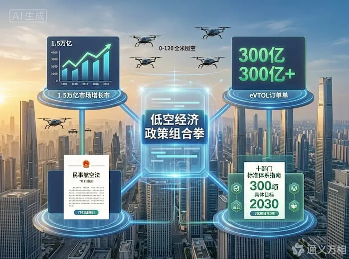 1.5万亿规模、300亿订单、法律定规、标准铺路——低空经济正在用一套政策“组合拳”完成从“概念”到“产业”的惊险一跃