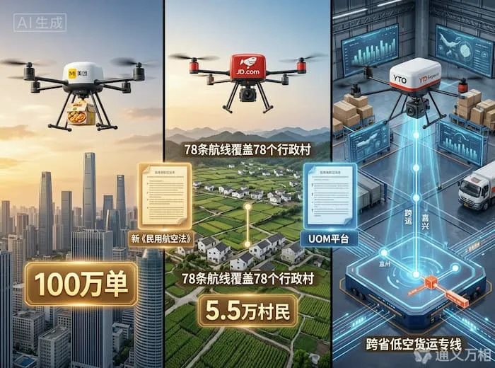 美团百万单、京东78条航线、圆通签下战略协议——低空物流正在从“首飞叙事”进入“规模叙事”